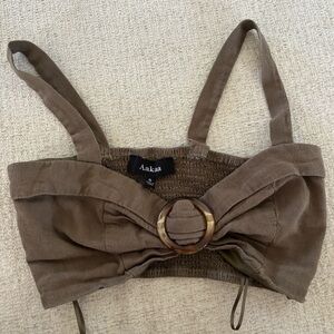Aakaa Olive Green Smocked Tie Front Crop Top/Bra top